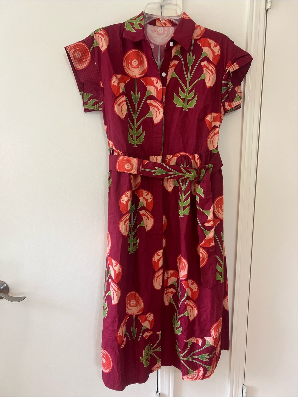 Ezapine Amazon Floral Button-Front Midi Dress in Burgundy and Coral